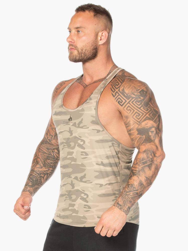 Men's Ryderwear Men Gym Stringers Camo Stringer T-Back Gym Stringers Tan Camo | NZ1505MA