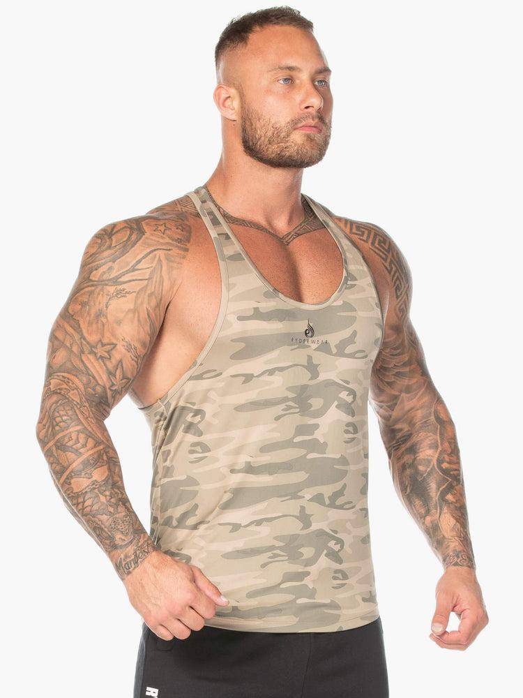 Men's Ryderwear Men Gym Stringers Camo Stringer T-Back Gym Stringers Tan Camo | NZ1505MA