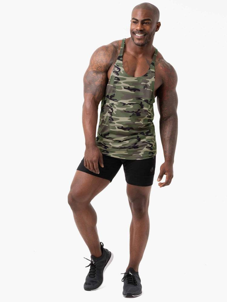 Men's Ryderwear Men Gym Stringers Camo Tech Mesh Stringer T-Back Gym Stringers Khaki Camo | NZ1507WY