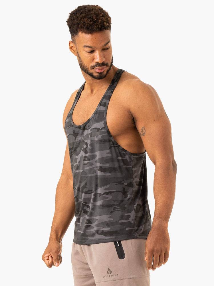 Men's Ryderwear Men Gym Stringers Overdrive Stringer T-Back Gym Stringers Black Camo | NZ1533WY