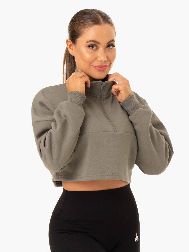 Women's Ryderwear Women Hoodie Base Half Zip Jumper Hoodie Khaki | NZ1650GL