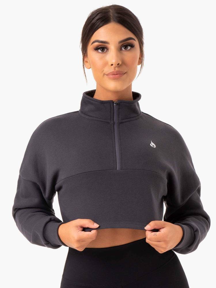 Women's Ryderwear Women Hoodie Base Half Zip Jumper Hoodie Charcoal | NZ1651HK