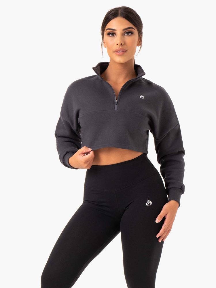 Women's Ryderwear Women Hoodie Base Half Zip Jumper Hoodie Charcoal | NZ1651HK