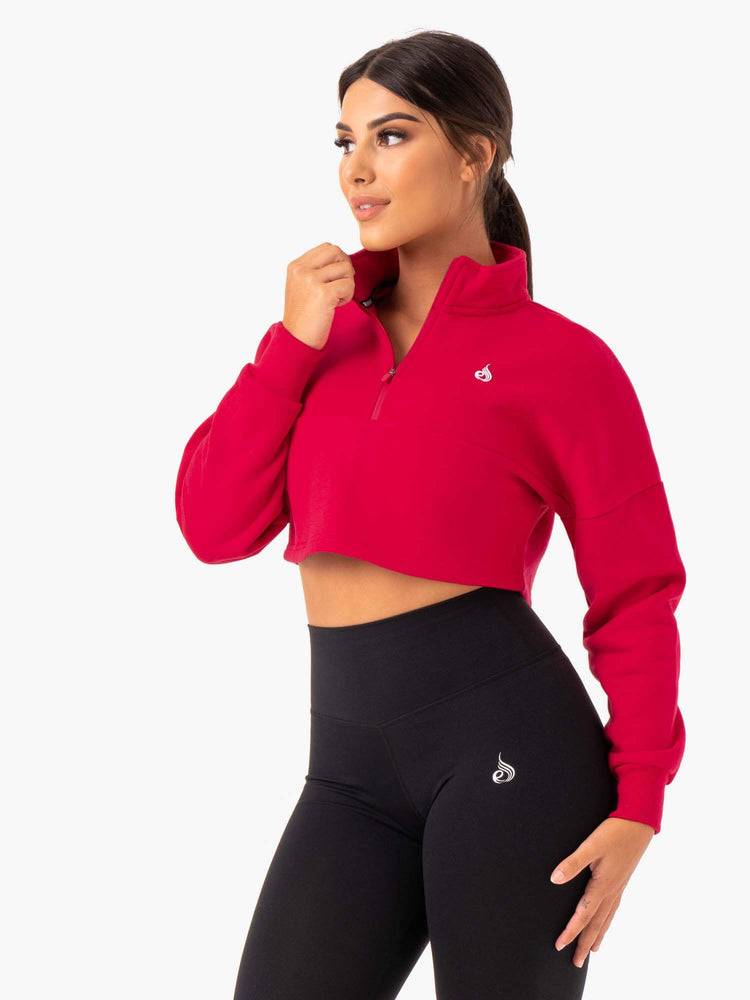 Women's Ryderwear Women Hoodie Base Half Zip Jumper Hoodie Cherry Red | NZ1668UT