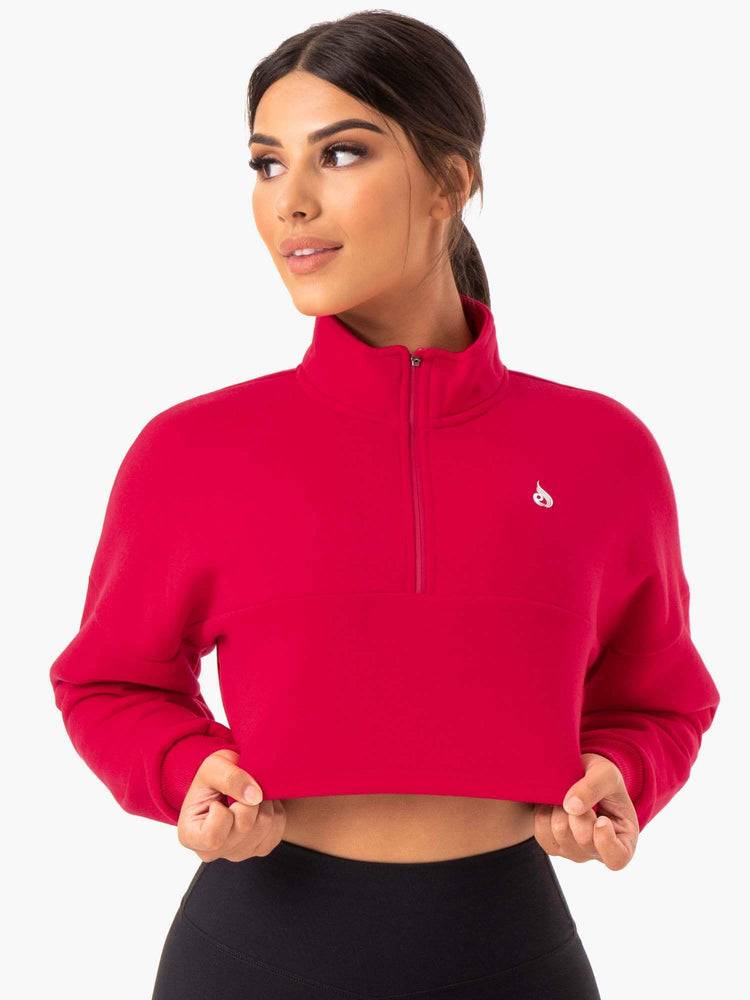 Women's Ryderwear Women Hoodie Base Half Zip Jumper Hoodie Cherry Red | NZ1668UT