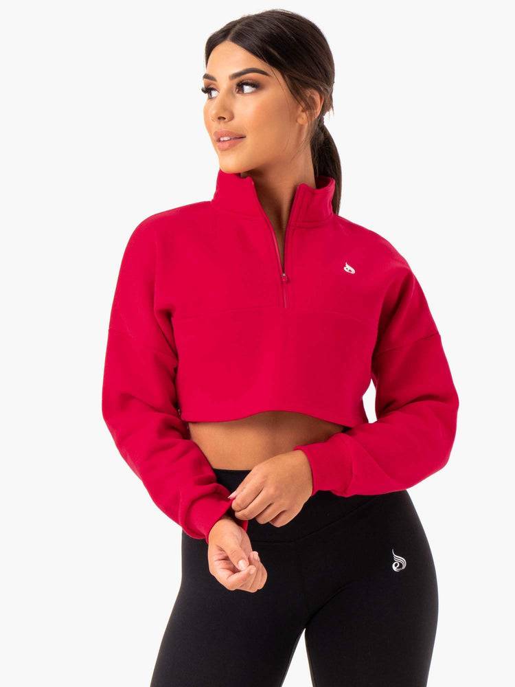 Women\'s Ryderwear Women Hoodie Base Half Zip Jumper Hoodie Cherry Red | NZ1668UT