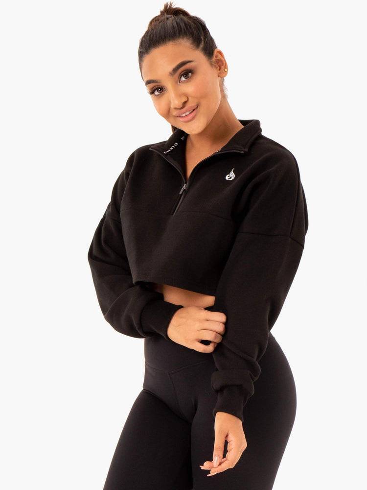 Women's Ryderwear Women Hoodie Base Half Zip Jumper Hoodie Black | NZ1685BC