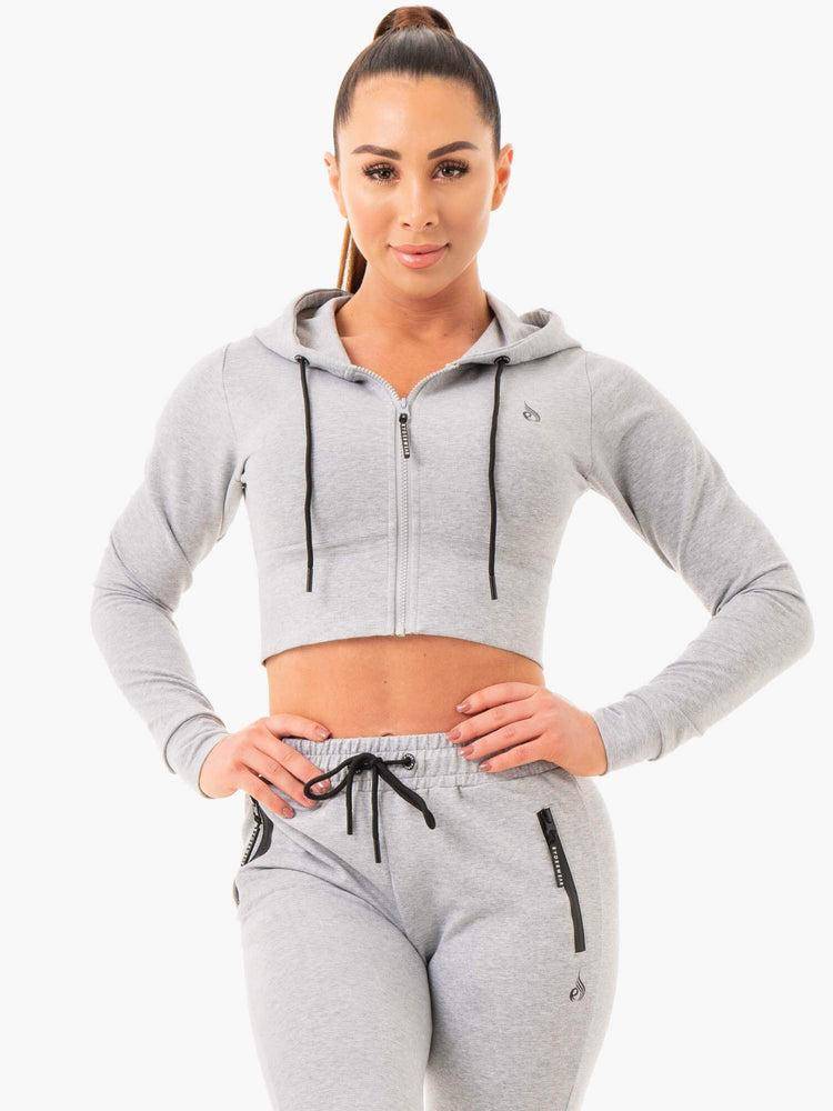 Women's Ryderwear Women Hoodie Luxe Cropped Zip Hoodie Grey Marl | NZ1649FM