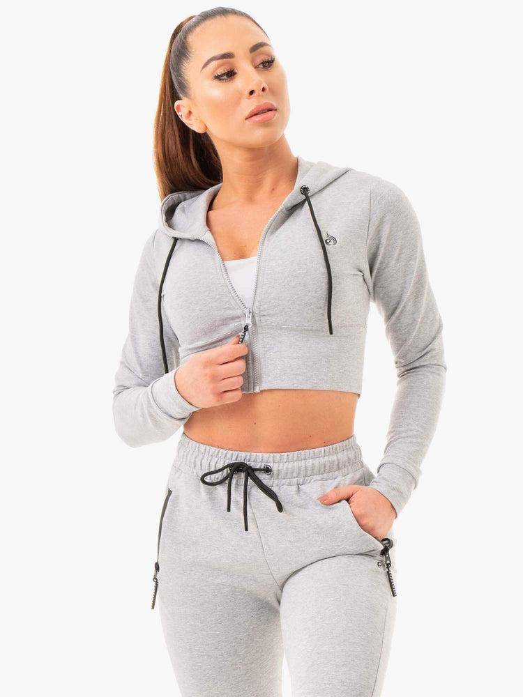 Women\'s Ryderwear Women Hoodie Luxe Cropped Zip Hoodie Grey Marl | NZ1649FM