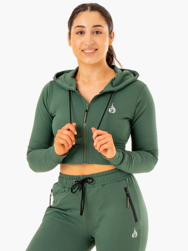 Women's Ryderwear Women Hoodie Luxe Cropped Zip Hoodie Green | NZ1670OR