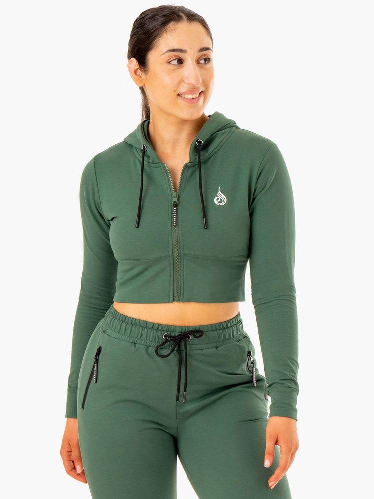 Women\'s Ryderwear Women Hoodie Luxe Cropped Zip Hoodie Green | NZ1670OR