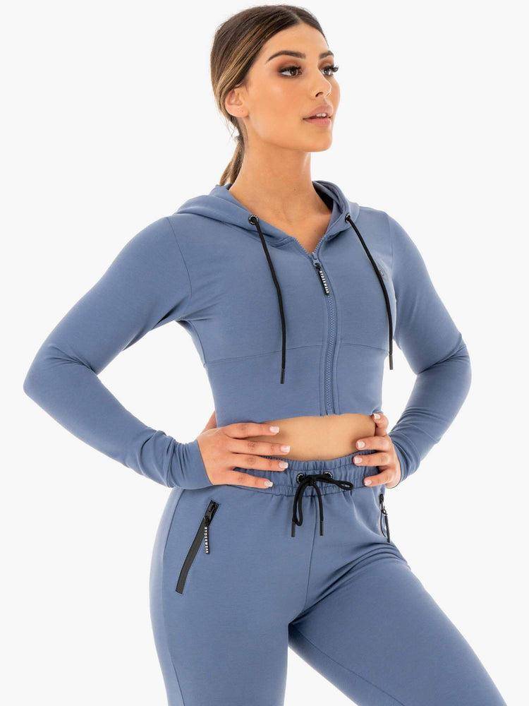 Women's Ryderwear Women Hoodie Luxe Cropped Zip Hoodie Steel Blue | NZ1677HK