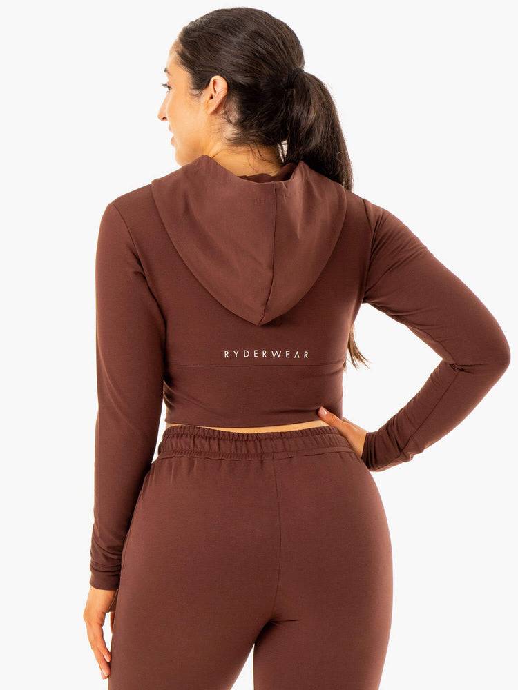 Women's Ryderwear Women Hoodie Luxe Cropped Zip Hoodie Chocolate | NZ1692TV