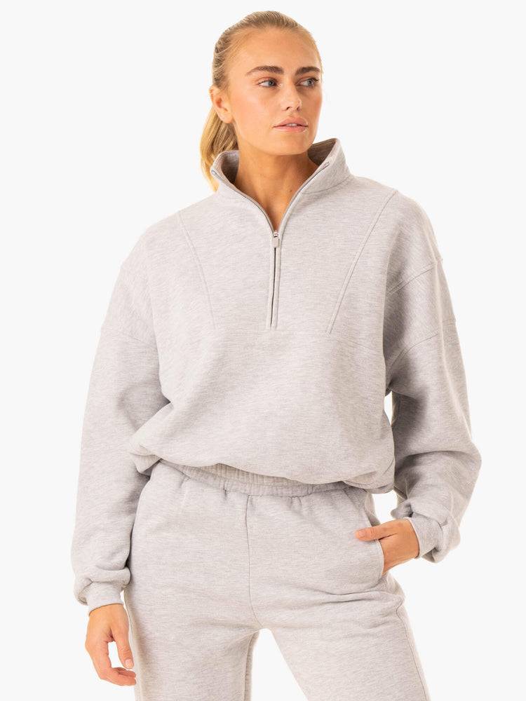 Women\'s Ryderwear Women Hoodie Sideline Half Zip Jumper Hoodie Grey Marl | NZ1683CE