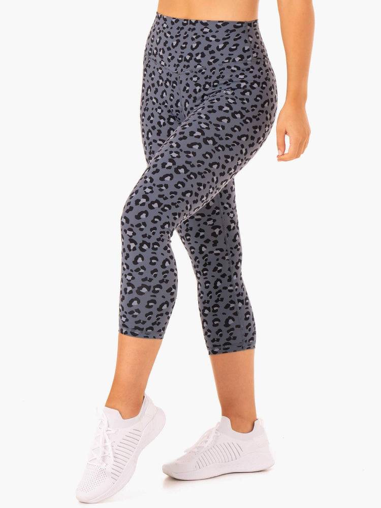 Women\'s Ryderwear Women Leggings Hybrid 7/8 Leggings Steel Blue Leopard | NZ1738NB