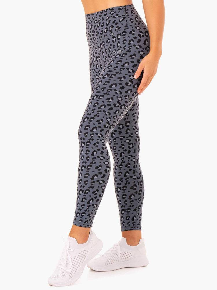 Women's Ryderwear Women Leggings Hybrid Full Length Leggings Steel Blue Leopard | NZ1910GL