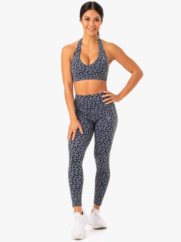 Women's Ryderwear Women Leggings Hybrid Full Length Leggings Steel Blue Leopard | NZ1910GL