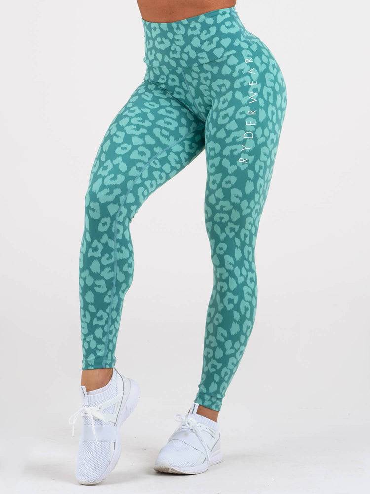 Women's Ryderwear Women Leggings Instinct Scrunch Bum Leggings Leopard Teal | NZ1744TV