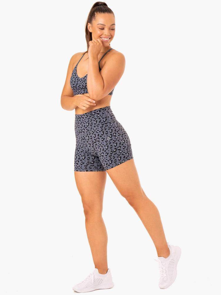 Women's Ryderwear Women Shorts Hybrid Mid Length Shorts Steel Blue Leopard | NZ1992LH