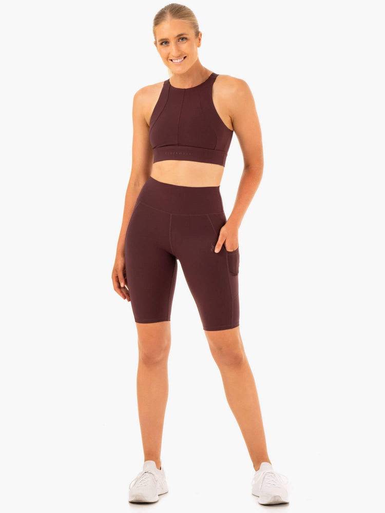 Women's Ryderwear Women Shorts Reset High Waisted Pocket Bike Shorts Chocolate | NZ2122LH