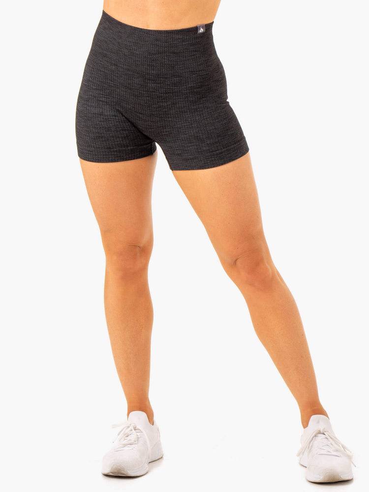 Women's Ryderwear Women Shorts Rib Seamless Shorts Black Marl | NZ2177CE