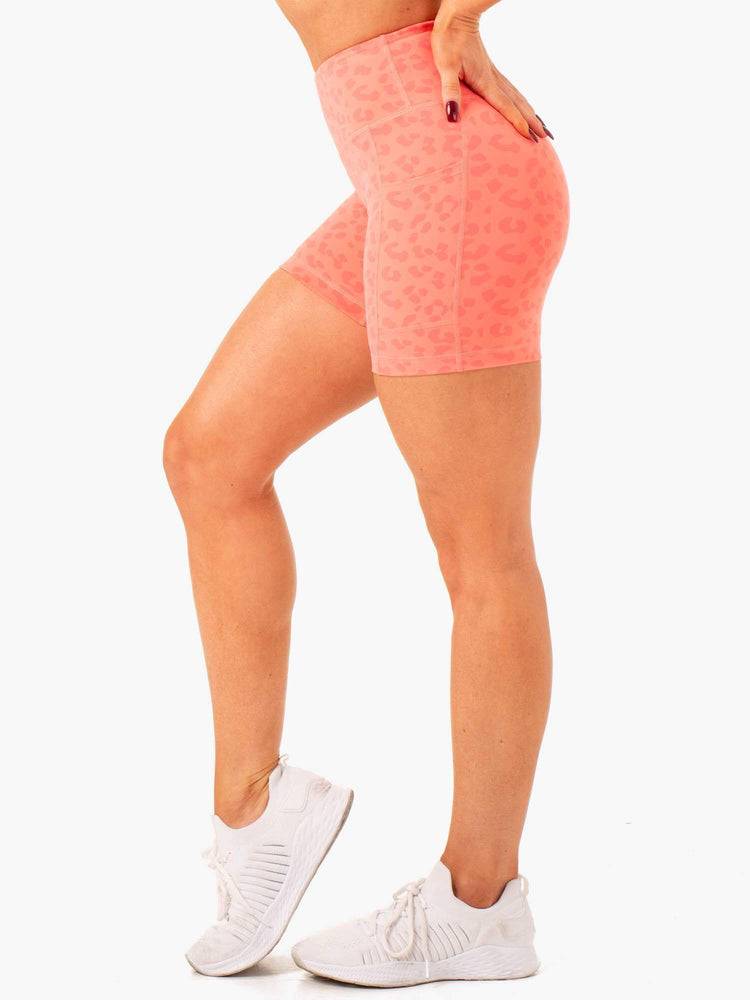 Women's Ryderwear Women Shorts Ultra High Waisted Mid Length Shorts Coral Leopard | NZ2160TV