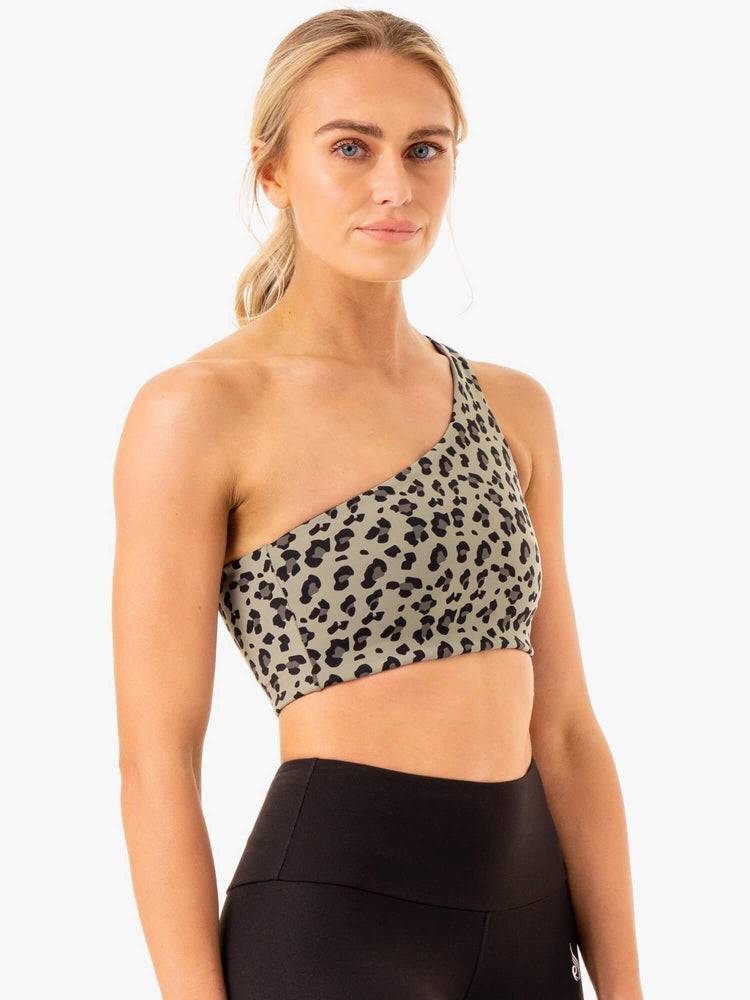 Women's Ryderwear Women Sports Bra Adapt One Shoulder Sports Bra Khaki Leopard | NZ2392SO