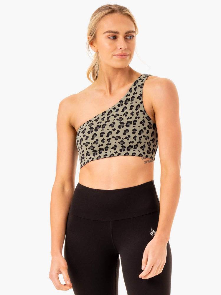 Women\'s Ryderwear Women Sports Bra Adapt One Shoulder Sports Bra Khaki Leopard | NZ2392SO