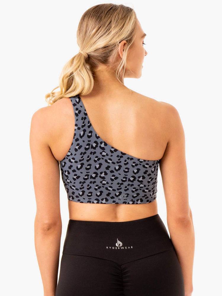 Women's Ryderwear Women Sports Bra Adapt One Shoulder Sports Bra Steel Blue Leopard | NZ2416FM