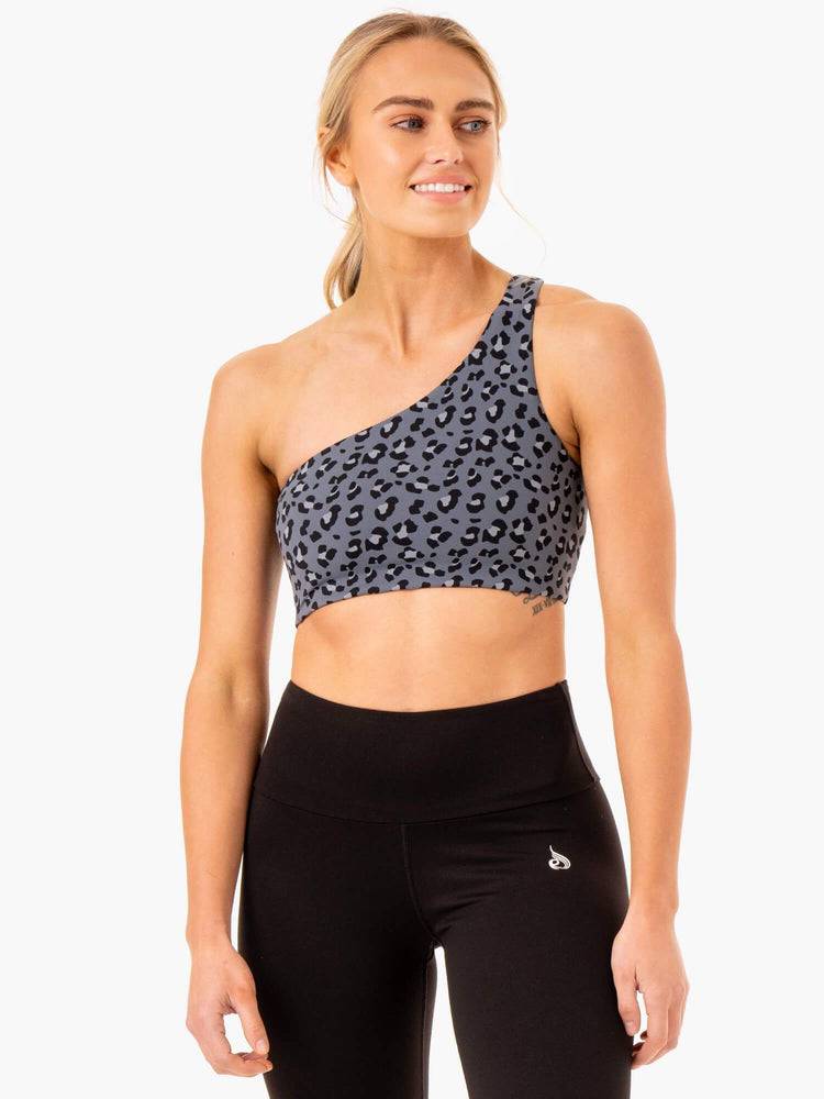 Women\'s Ryderwear Women Sports Bra Adapt One Shoulder Sports Bra Steel Blue Leopard | NZ2416FM