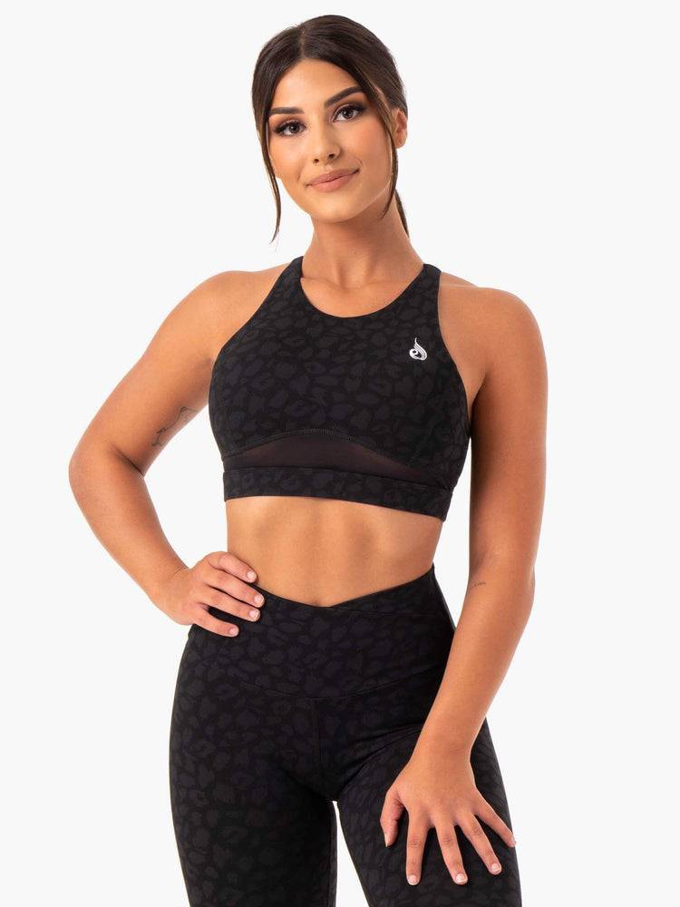 Women's Ryderwear Women Sports Bra Amazon Mesh Sports Bra Black Leopard | NZ2504RW