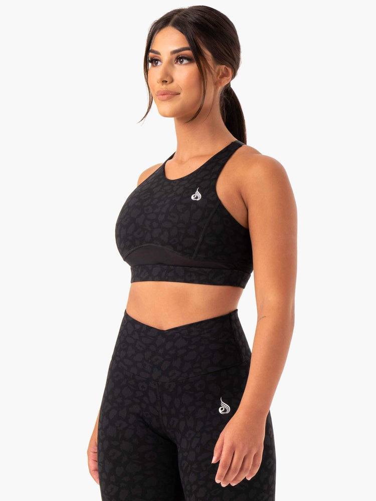 Women's Ryderwear Women Sports Bra Amazon Mesh Sports Bra Black Leopard | NZ2504RW