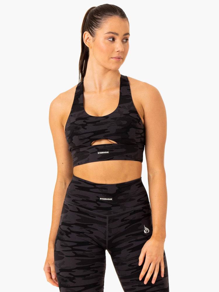 Women's Ryderwear Women Sports Bra Base Racer Back Sports Bra Black Camo | NZ2365DN