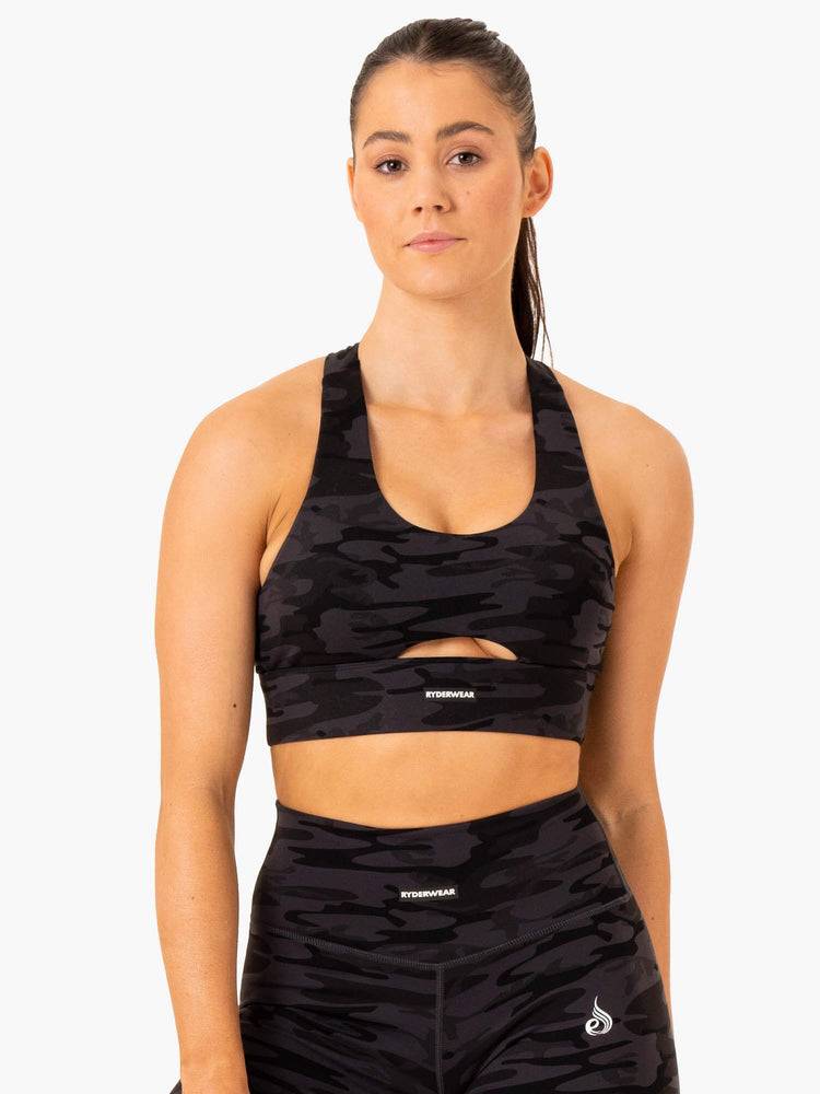 Women's Ryderwear Women Sports Bra Base Racer Back Sports Bra Black Camo | NZ2365DN