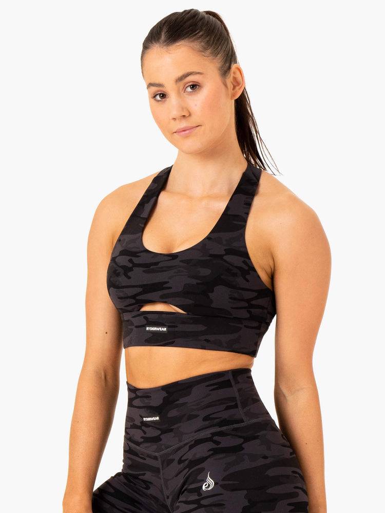 Women's Ryderwear Women Sports Bra Base Racer Back Sports Bra Black Camo | NZ2365DN