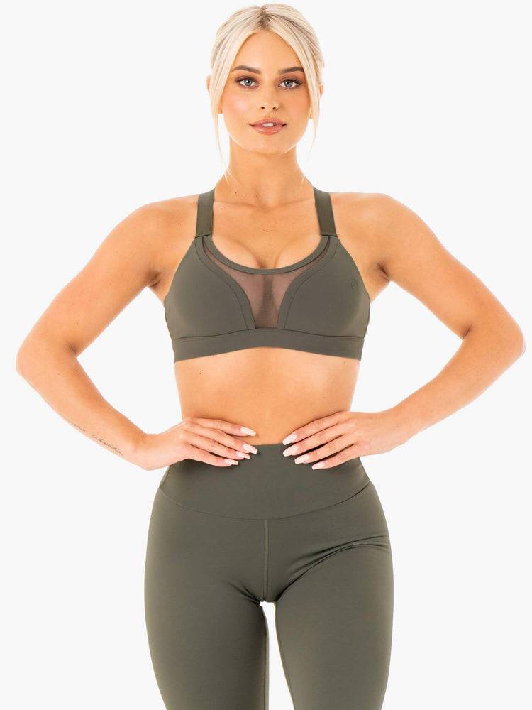 Women's Ryderwear Women Sports Bra Collide Mesh Contour Sports Bra Khaki | NZ2326MA