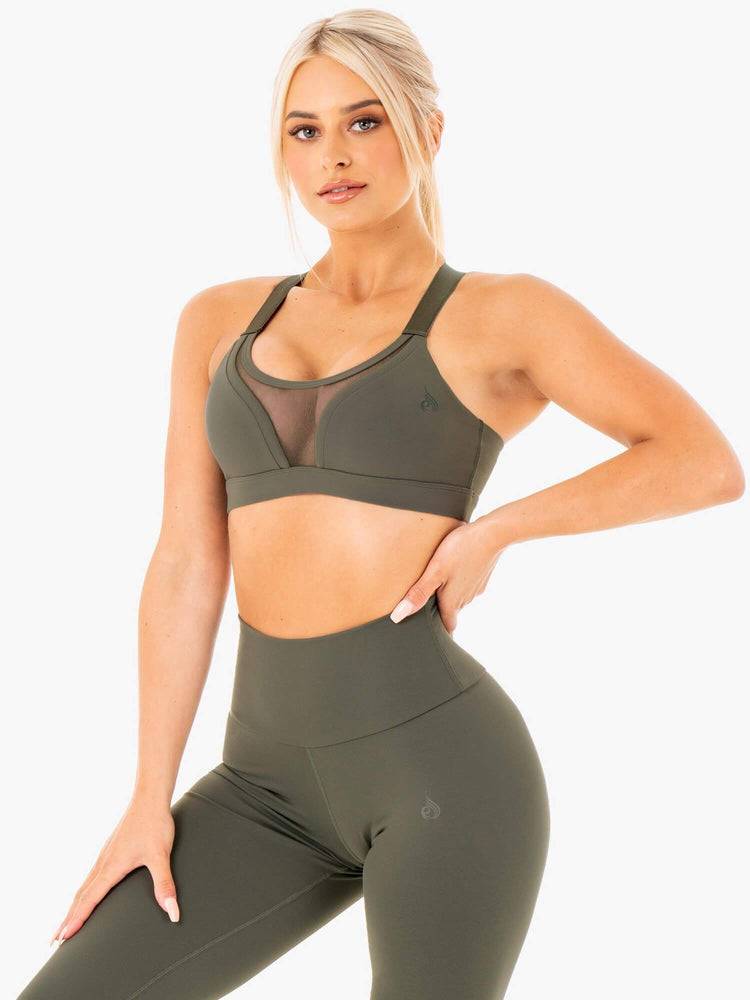 Women's Ryderwear Women Sports Bra Collide Mesh Contour Sports Bra Khaki | NZ2326MA