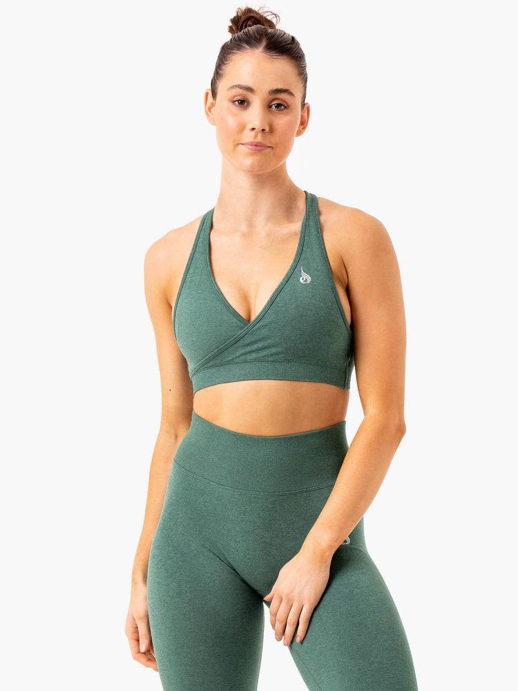 Women's Ryderwear Women Sports Bra Essential Seamless Cross Over Sports Bra Green Marl | NZ2267IS