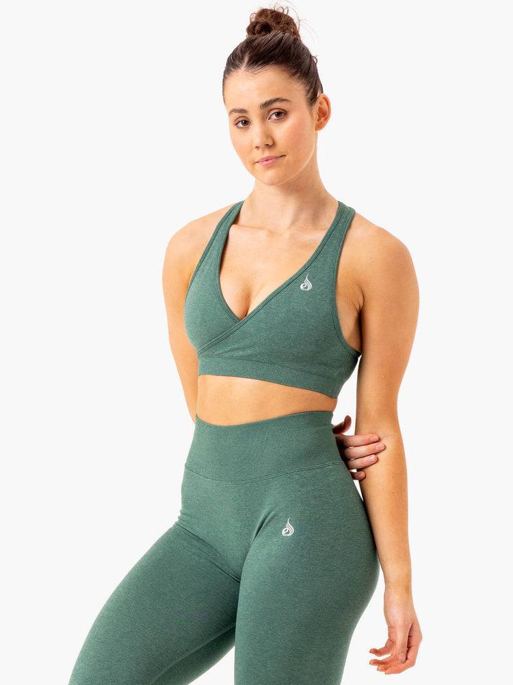 Women's Ryderwear Women Sports Bra Essential Seamless Cross Over Sports Bra Green Marl | NZ2267IS