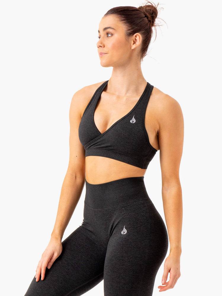 Women's Ryderwear Women Sports Bra Essential Seamless Cross Over Sports Bra Black Marl | NZ2313DN