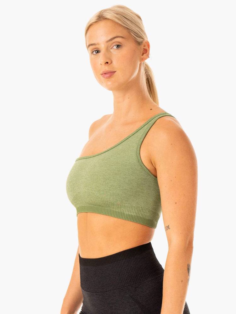 Women's Ryderwear Women Sports Bra Excel Seamless One Shoulder Sports Bra Moss Green Marl | NZ2305ZG