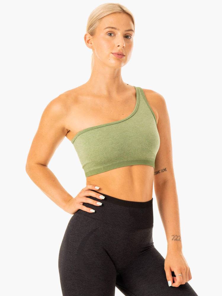 Women's Ryderwear Women Sports Bra Excel Seamless One Shoulder Sports Bra Moss Green Marl | NZ2305ZG