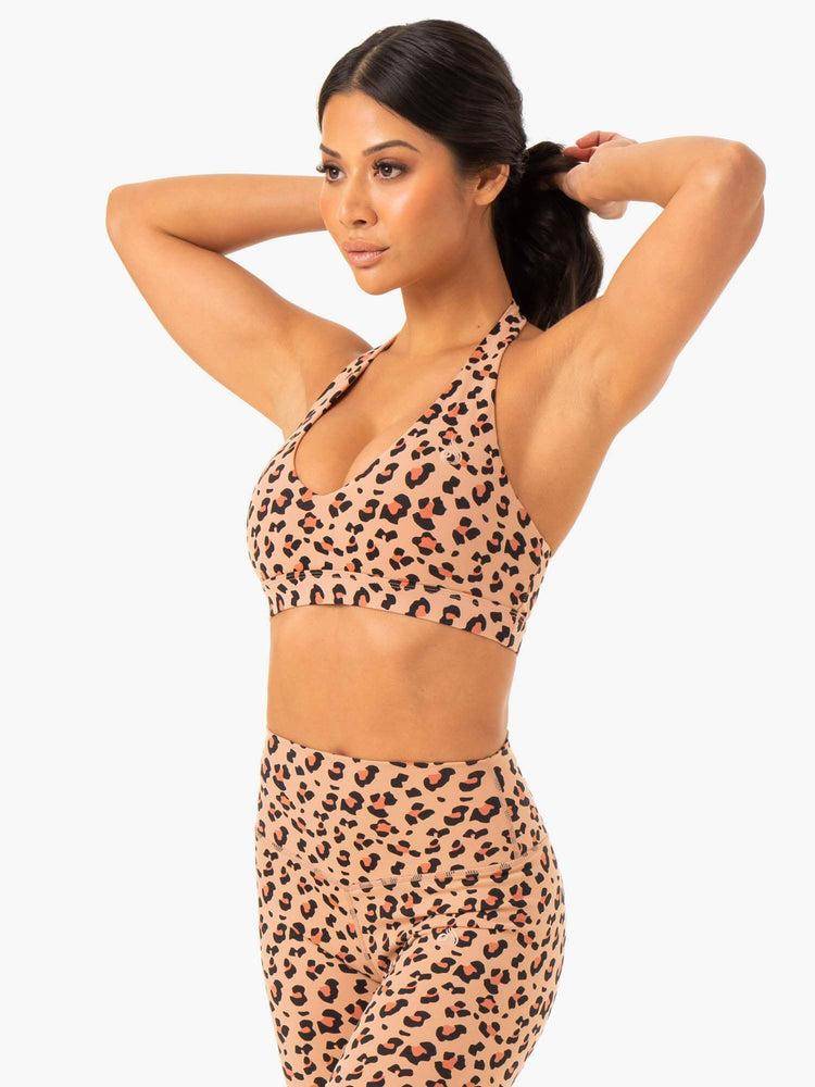 Women's Ryderwear Women Sports Bra Hybrid Halter Sports Bra Tan Leopard | NZ2406BC