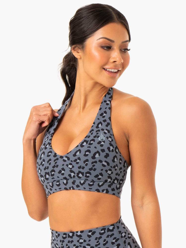 Women's Ryderwear Women Sports Bra Hybrid Halter Sports Bra Steel Blue Leopard | NZ2498PQ