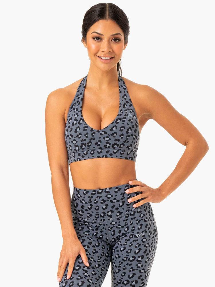 Women\'s Ryderwear Women Sports Bra Hybrid Halter Sports Bra Steel Blue Leopard | NZ2498PQ