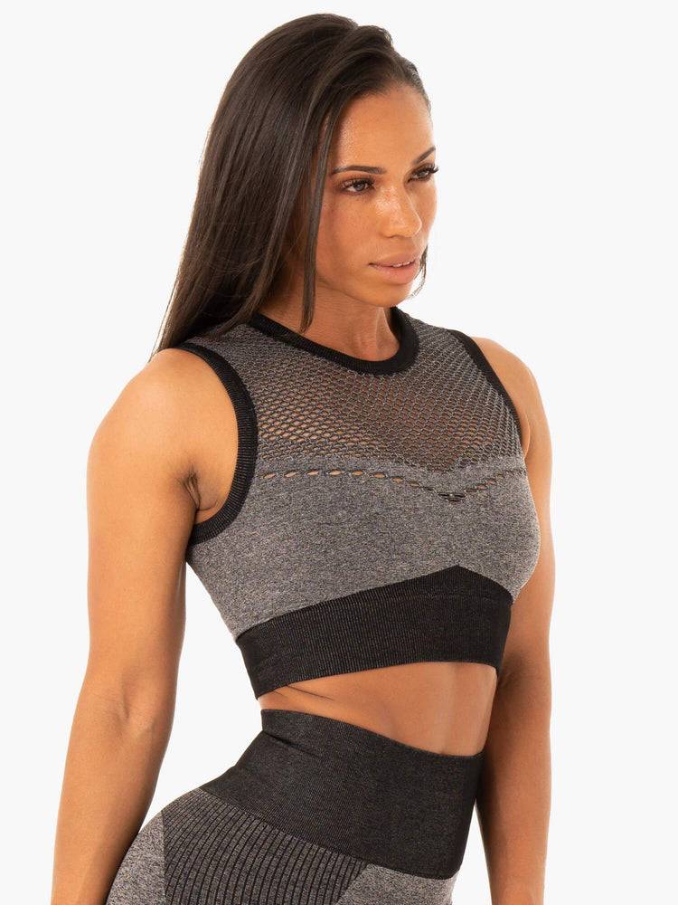 Women's Ryderwear Women Sports Bra Oasis Seamless Crop Top Sports Bra Black Marl | NZ2402WY