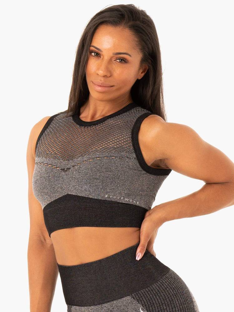 Women\'s Ryderwear Women Sports Bra Oasis Seamless Crop Top Sports Bra Black Marl | NZ2402WY