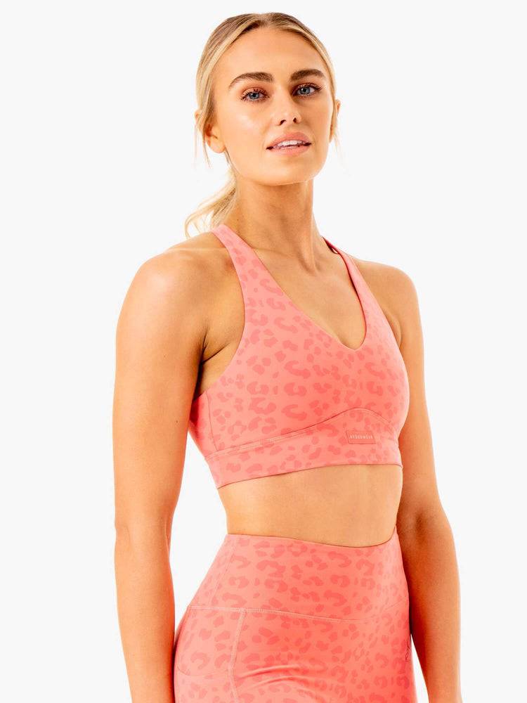 Women's Ryderwear Women Sports Bra Ultra V-Neck Sports Bra Coral Leopard | NZ2414HK