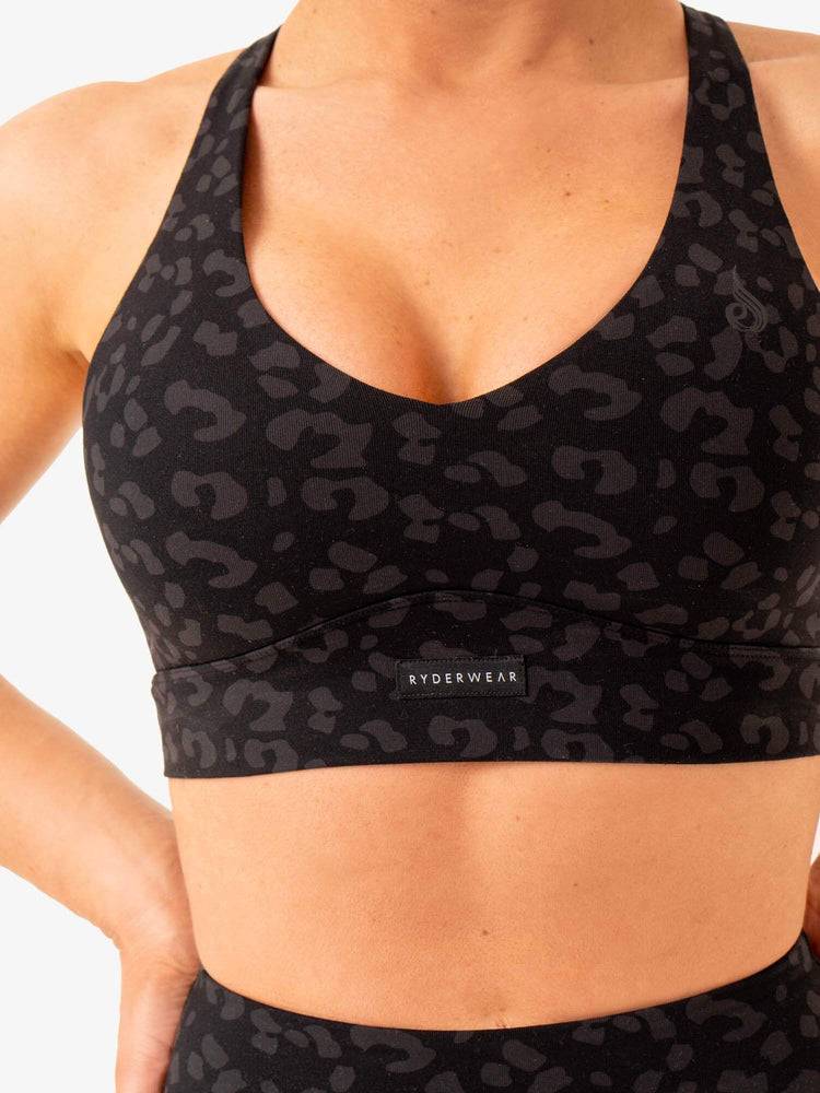 Women's Ryderwear Women Sports Bra Ultra V-Neck Sports Bra Black Leopard | NZ2495DN