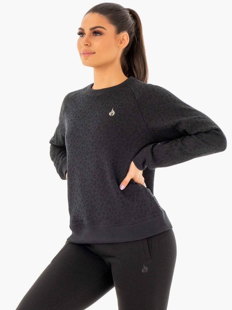 Women's Ryderwear Women Sweaters Adapt Boyfriend Sweaters Black Leopard | NZ2627SO